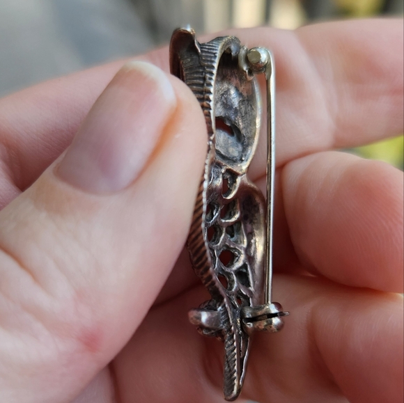 Vintage Silver Tone Owl Brooch With Turquoise Colored Eyes - Picture 3 of 6